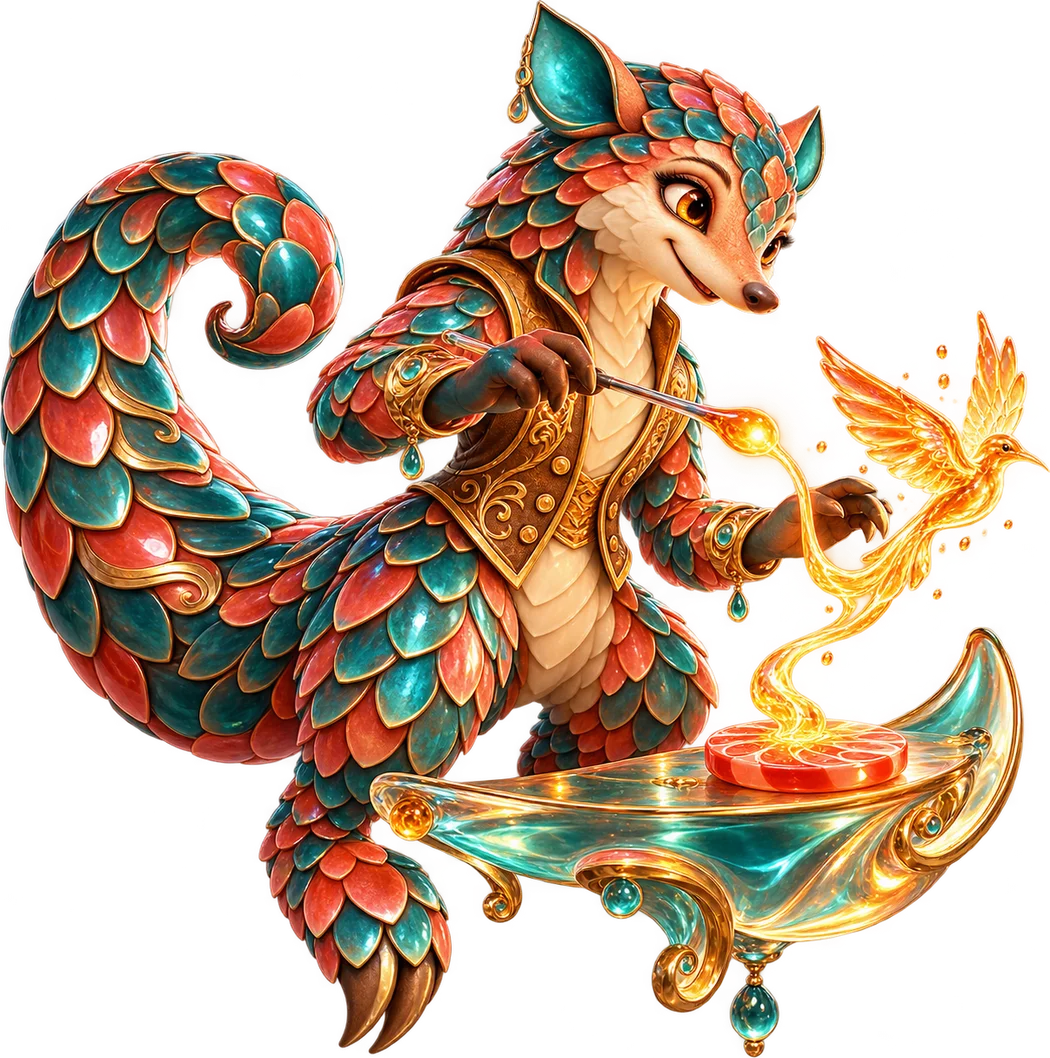 Orris, a mythical pangolin glassmaker, transforming a fictional play-token into a glowing glass sunbird