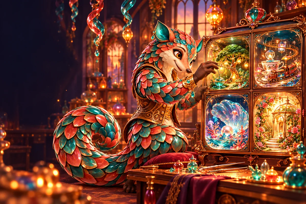 Orris arranging miniature glass worlds in a four-part cabinet